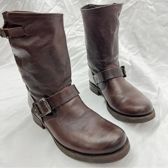 Frye harness buckle strap brown leather mid calf boots moto riding motorcycle 7B - Picture 2 of 16